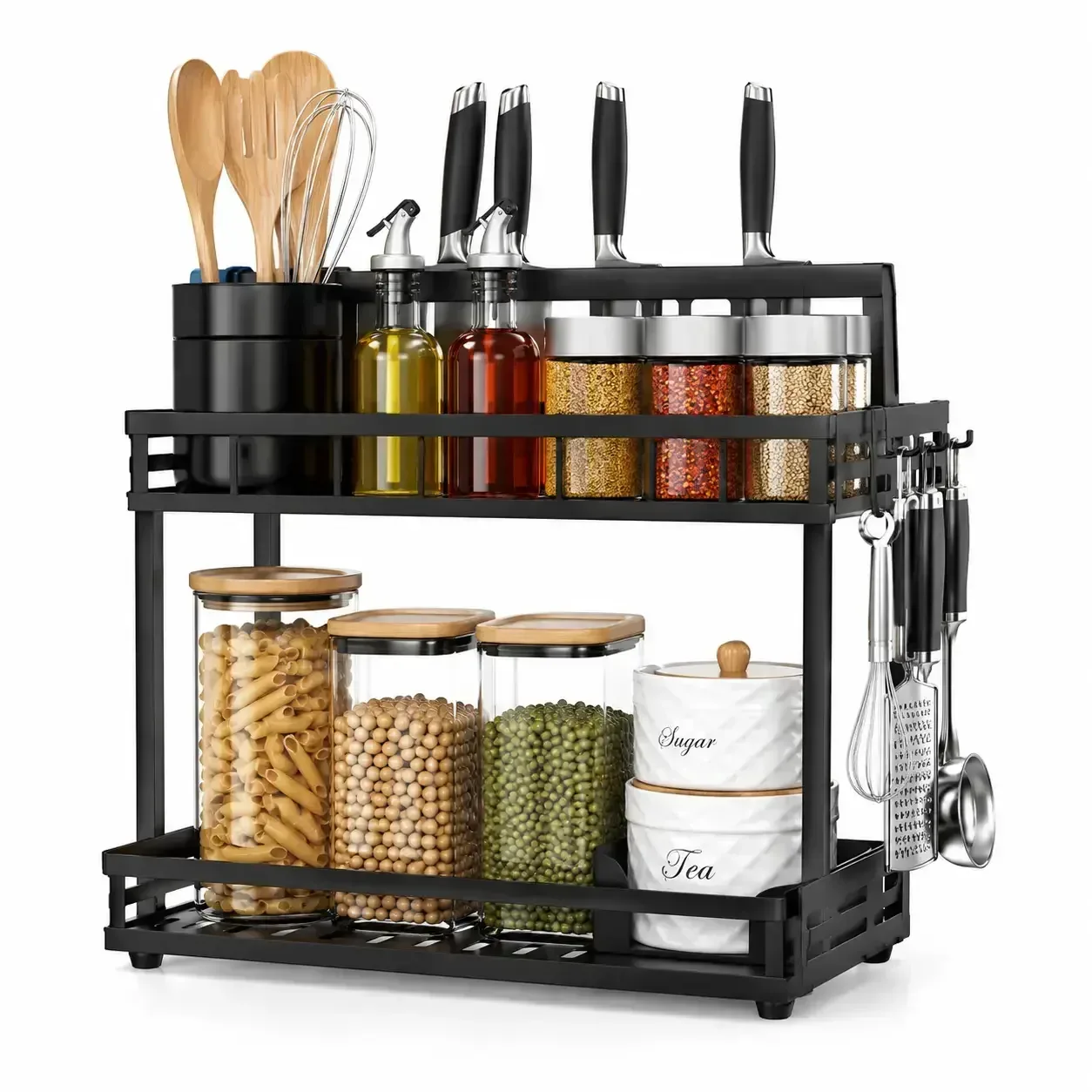 Black 2-tier kitchen organizer rack with spice jars, storage containers, utensils and kitchen accessories on a white background